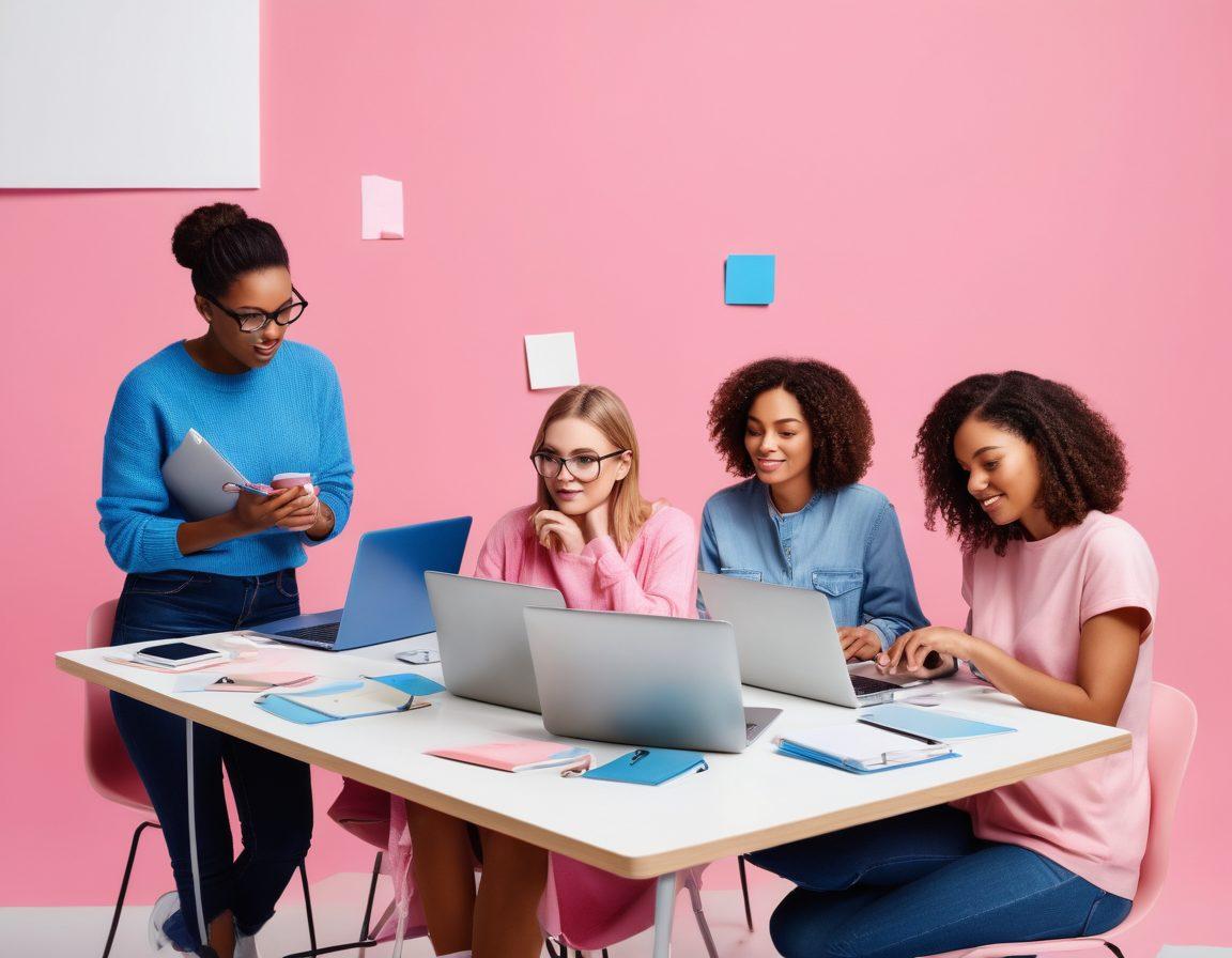 A vibrant collage of diverse bloggers engaged in various activities like writing, brainstorming, and sharing ideas, with pink and blue accents symbolizing community and collaboration. Include elements like laptops, coffee cups, and notepads scattered across a bright, inviting workspace environment. The background should feature an abstract representation of a growing digital network. super-realistic. vibrant colors. white background.