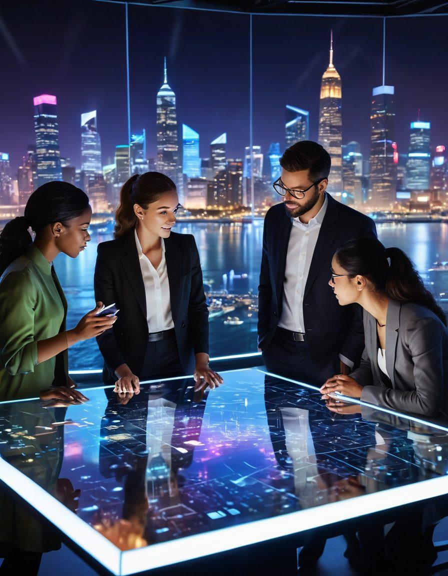 A diverse group of people engaged in a lively discussion around a futuristic digital table, surrounded by floating holographic displays showcasing various online resources and trends. The background features a vibrant city skyline, symbolizing connectivity and technology. Warm lighting adds an inviting ambiance, while the expression of curiosity and collaboration on their faces highlights the theme of exploration. super-realistic. vibrant colors. cyberpunk.