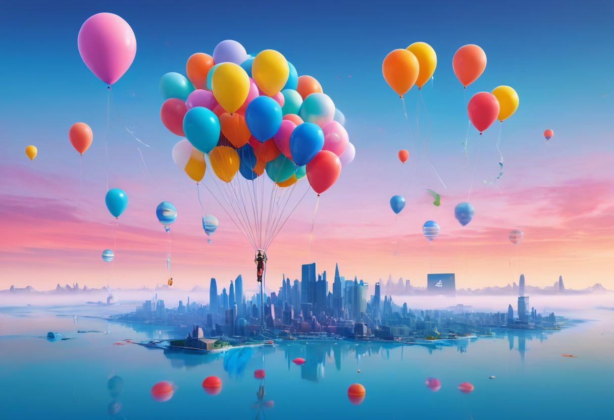 A whimsical representation of a digital landscape filled with floating articles and vibrant insights, each hovering like colorful balloons; a character, symbolizing a guide, exploring this blogosphere while holding a compass labeled 'Wwwaarons'; include a skyline of blog symbols and interconnected digital nodes in the background. vibrant colors. 3D. futuristic.